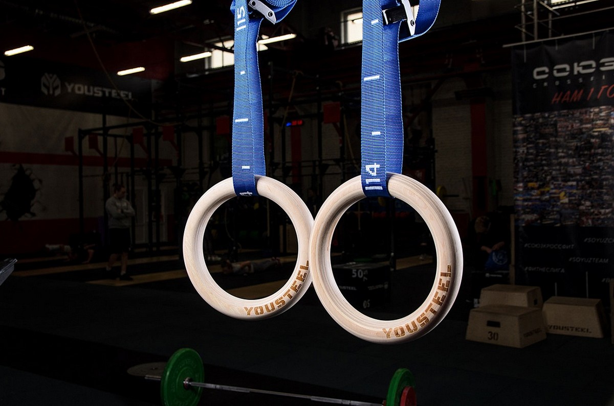 фото Кольца гимнастические yousteel деревянные, d32мм (комплект) синие стропы