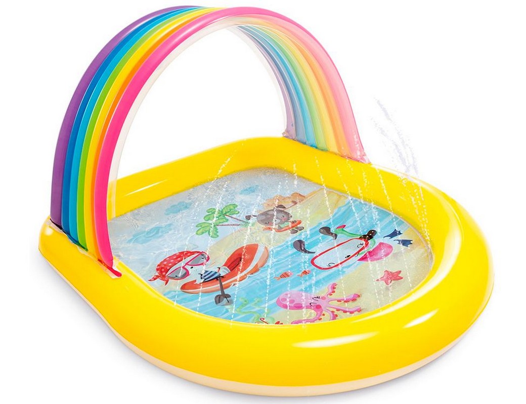 фото Детский надувной бассейн 147х130х86см intex радуга, с навесом и фонтанчиками 57156