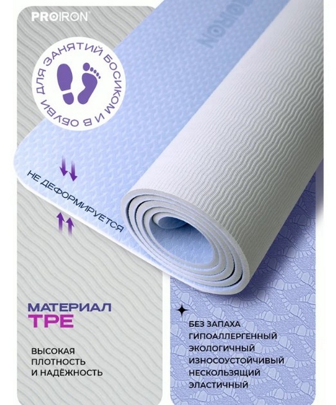 Коврик для йоги и фитнеса 183x80x0,7см TPE PROIRON К1887ТСС серо-синий 663_800