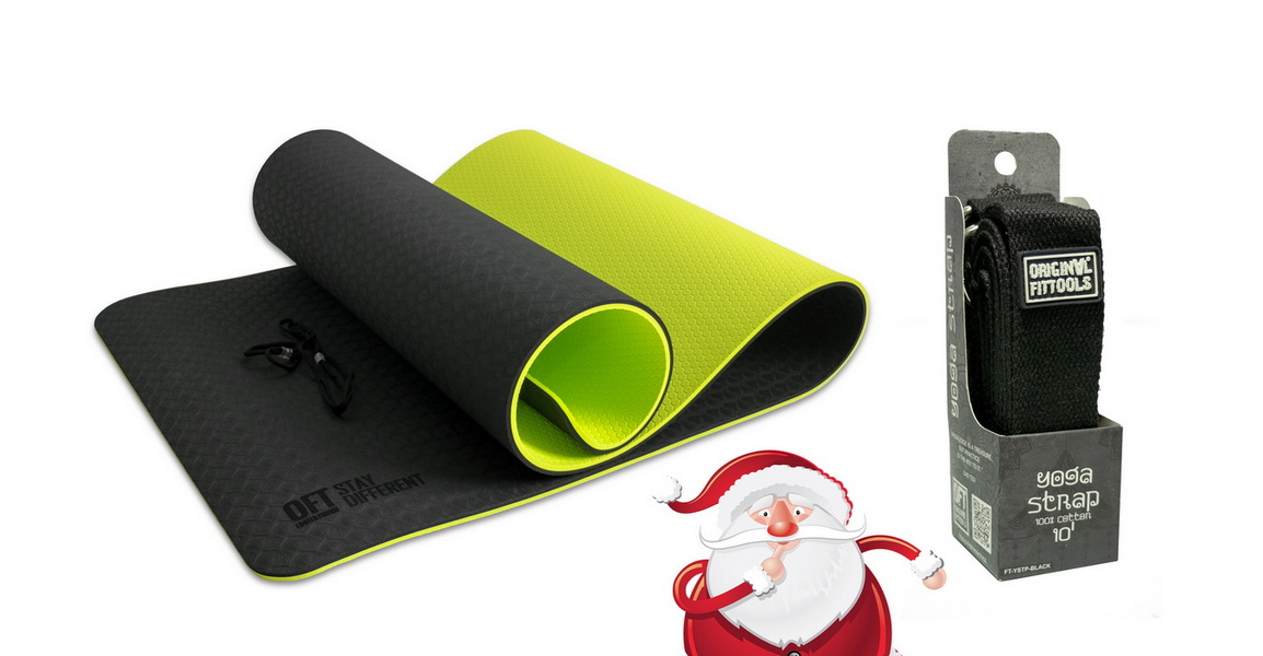 фото Коврик для йоги original fit.tools 10 мм двухслойный черно-зеленый с ремешком для йоги в подарок ft-nyg-009