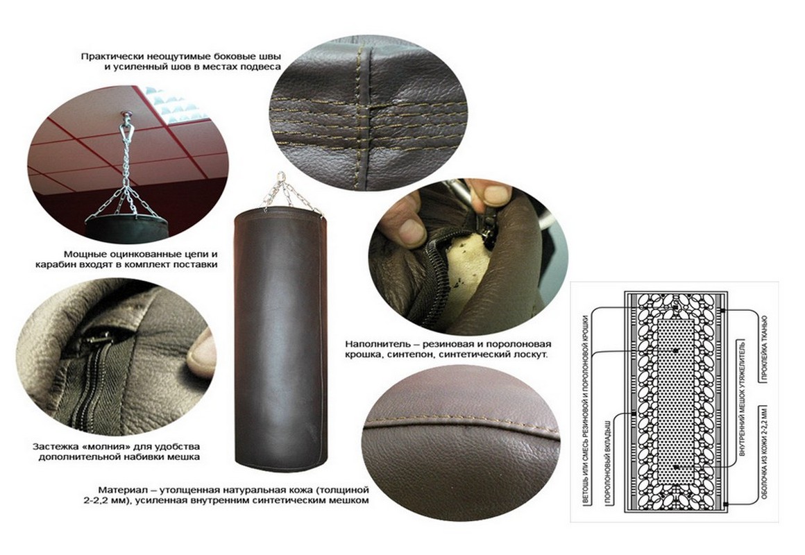 Классическая модель боксерского мешка, нат. кожа 2-2,2 мм 20072