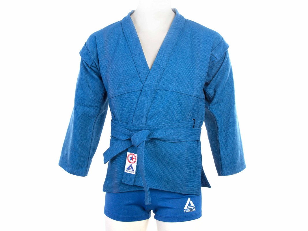 Комплект для Самбо (куртка, шорты трикотаж) плетенный, лицензионный, синий