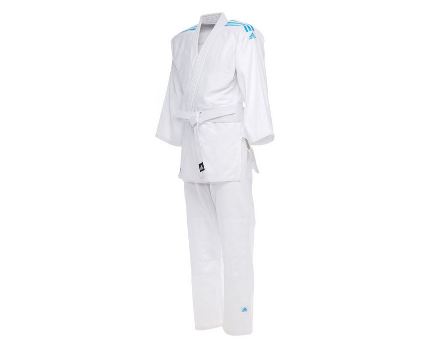 Кимоно для дзюдо с поясом подростковое Adidas Club белое с голубыми полосками J350-BELT 857_700