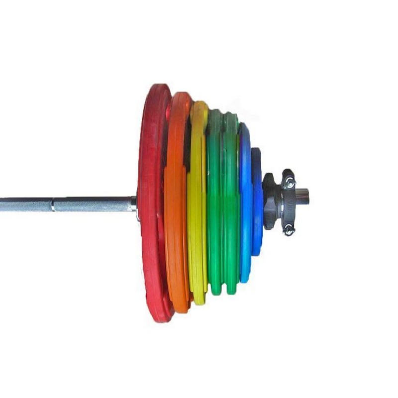 фото Штанга тренировочная 265 кг v-sport в комплекте с обрезиненными цветными дисками (гриф 2200мм, ? 50мм)