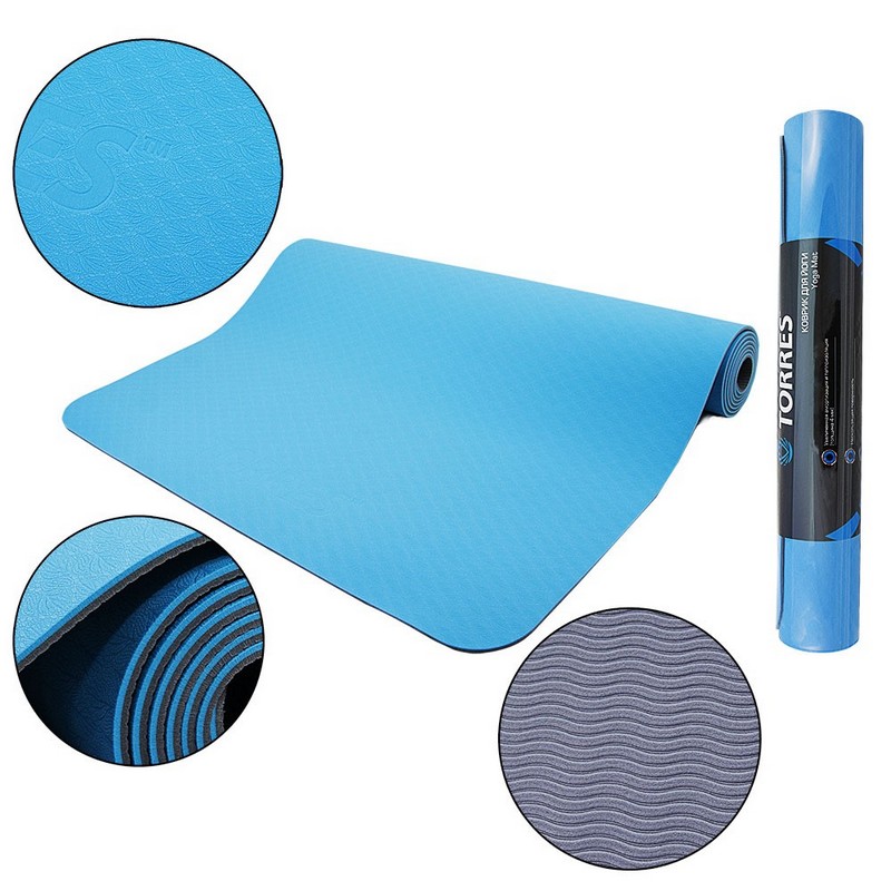 фото Коврик для йоги torres comfort 4 yl10064, tpe 4 мм, нескользящее покрытие, сине-серый