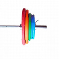 Штанга тренировочная V-Sport 200 кг в комплекте с обрезиненными цветными дисками (Гриф 2200мм, Ø 50мм) 120_120